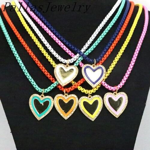 5Pcs Rainbow color enamel chain necklace with gold plated enamel Heart charm pendant necklace for summer jewelry