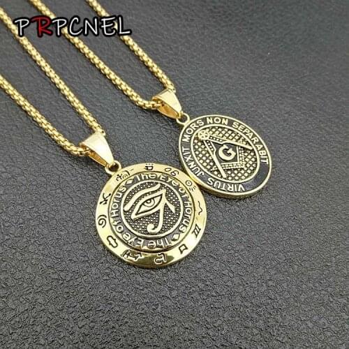 HIP Hop Masonic Eye of Horus Necklace Pendant Gold Color 316L Stainless Steel Tag Necklaces For Men Jewelry