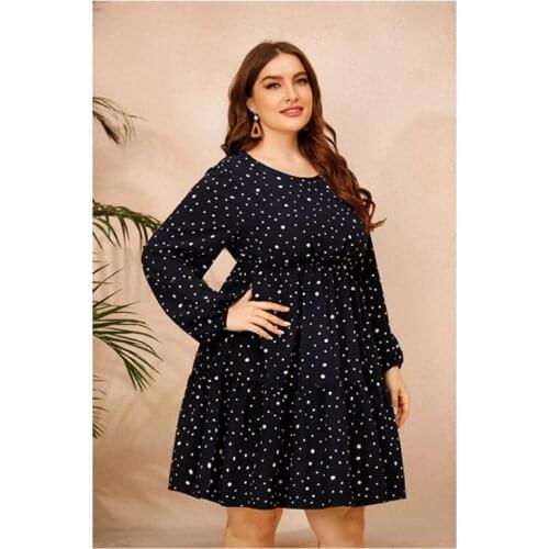 Summer Women Plug Size Loose Elegant Knee Length Dress Navy Blue Dot Print Long Sleeve Round Neck Casual Female Dresses Vestidos
