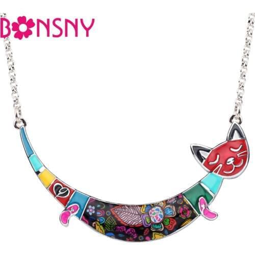 Bonsny Enamel Alloy Colorful Smile Cat Necklace Pendant Chain Choker Cartoon Animal Jewelry For Women Girls Teens Gift Accessory