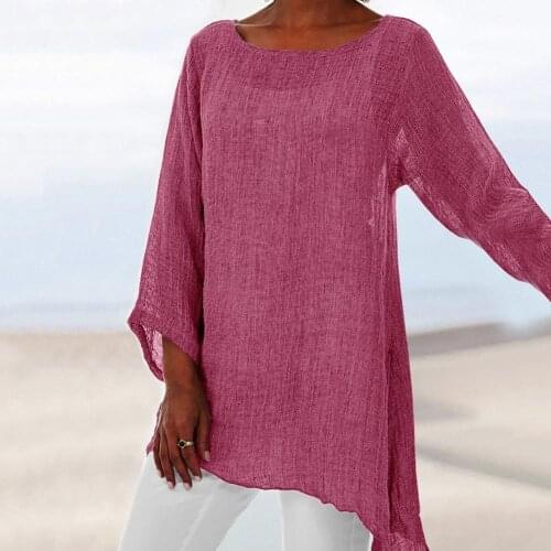 Casual Dress Comfortable Multiple Occasions Women Solid Color Linen O-Neck Long Sleeve Irregular Top T-Shirt женские футболки
