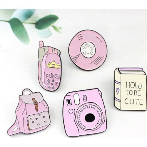 Pink Princess Series Enamel Brooch Cute Camera Bag CD Phone Book Focus Badge Sweater Shirt Lapel Pins Girls Gifts
