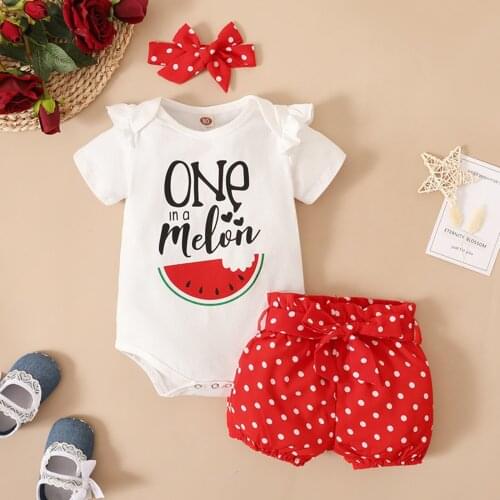 Watermelon Printed Baby Girl Outfits Summer Bodysuit Shorts Headband Sets Polka Dot Letter Newborn Clothing Outfit Set Girls