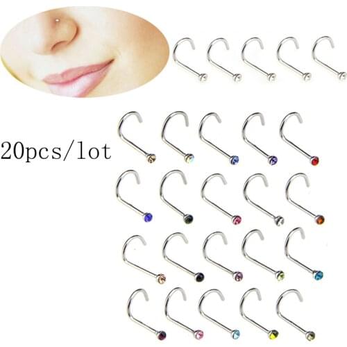 20pcs/lot Stainless Steel Crystal Rhinestone Nose Studs Hooks Bar Pin Nose Rings Body Piercing Jewelry For Women