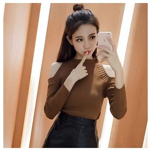 Womens O-neck Solid Color Sexy Off-the-shoulder Sweater Ladies Slim Black Long-sleeved SweaterBottoming Tops Autumn New Style