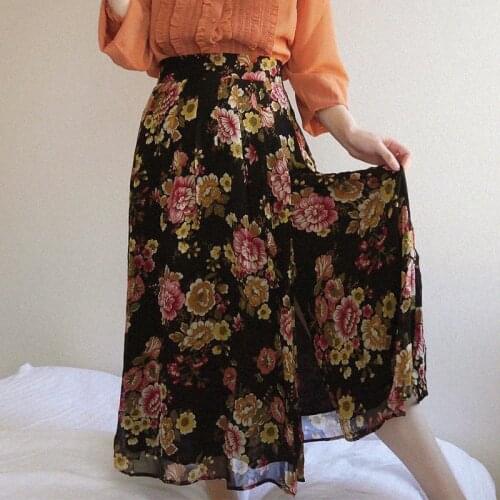 Elegant Long Skirt Women Split Hem Flowers Print black Skirts Pleated Chic Casual Dignified Vintage Skirt jupe longue femme