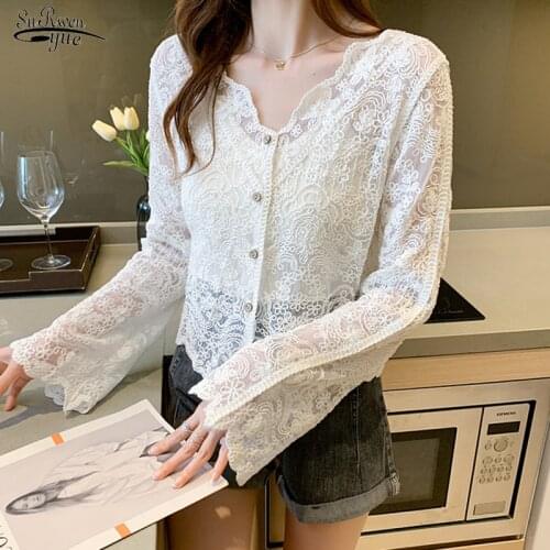 New Fashion Long Sleeve Lace Shirt Women Office Button Up V Neck Lace Blouse Women White Apricot Female Clothing Blusas 16515