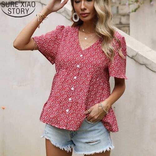 2021 Summer New European and American Loose Short Sleeve Chiffon V Collar Button Up Shirt Ruffles Tops Floral Print Blouse 14982