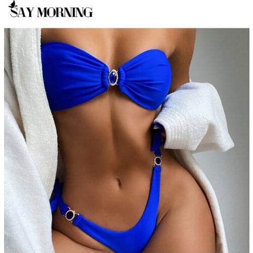 SAY MORNING 2021 Womens Swimsuits Split Nylon Gathered Solid Color Diamond Tube Top Women Swimwear Beachwear Swimming Wear