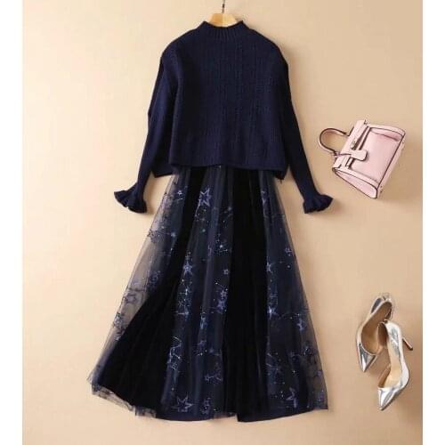 High Quality Sweater Sets 2021 Autumn Winter Casual 2 Piece Knitted Set Women Vest Top+Sexy Tulle Mesh Patchwork Knitted Dress