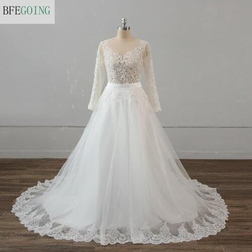 Ivory Tulle Lace Appliques Beading Long Sleeves Bridal Gown Floor-Length A-line Wedding dress Chapel Train Custom made