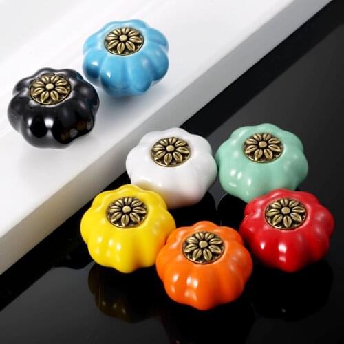 1set Pumpkin Handle Ceramic Door Knob Cupboard Drawer Cabinet Pull Furniture Hardware Cute Red White Black Blue Green Yellow