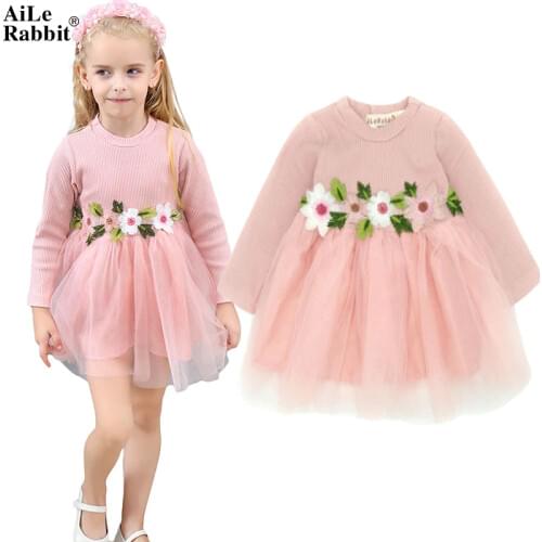 AiLe Rabbit Brand Girls Long Sleeve Dress Flower Fall New Princess TUTU Dress Fashion Wild Wedding Popular Kids Clothes k1