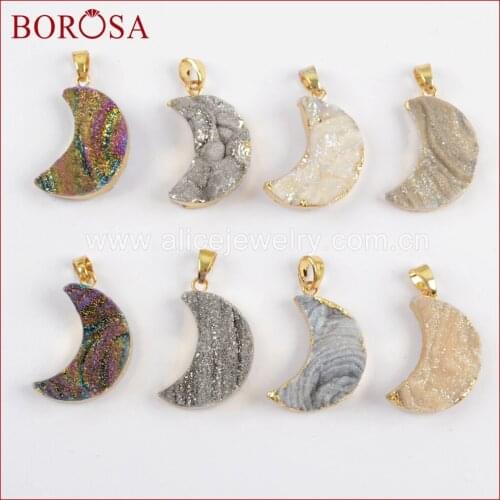 BOROSA Druzy Jewelry 10PCS Fashion Gold Color Moon Rainbow Titanium Galaxy Pendant For Womens Necklace Making G1611