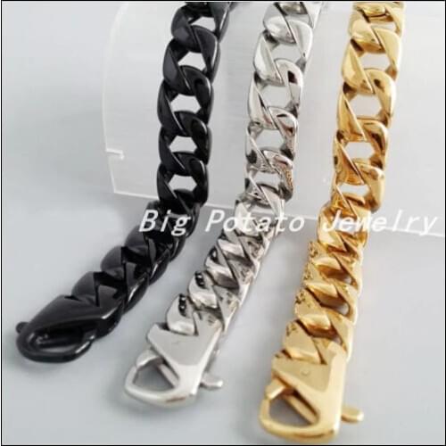 22cm*15mm New Fashion Smooth Stainless Steel Silver Black Gold Color Classic Chain Bracelet Bangle For Men Boy.High Quality