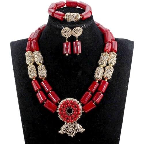 Fantastic Wine Red African Coral Beads Wedding Jewelry Sets Chunky Bib Real Coral Bridal Necklace Set CNR087
