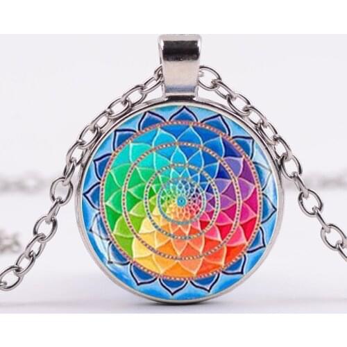 Indian Sanskrit OM Symbol Necklace OHM OM AUM Buddha Lotus Silver Plated Flower of Life Mandala Art Glass Chain Jewelry