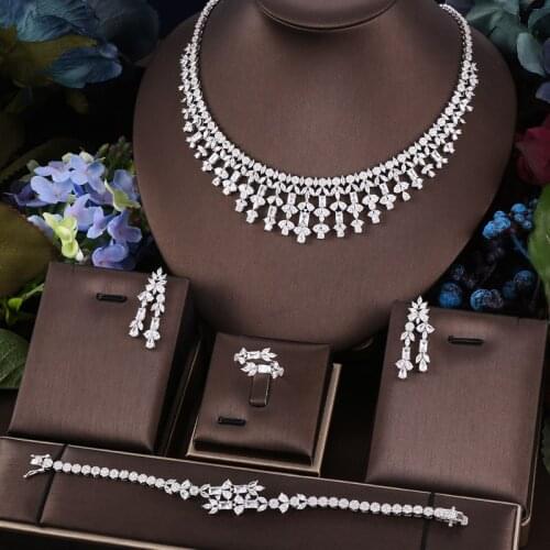 Janekelly 4pcs Bridal Zirconia Full Jewelry Sets For Women Party, Luxury Dubai Nigeria CZ Crystal Wedding Jewelry Sets