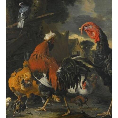 Handmade Animal Oil Painting on Canvas A Cockerel, a Turkey, Hens and Chickens Painting for Kitchen Decorative Art No Framed