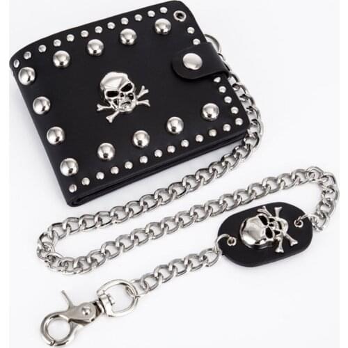 Vintage Men Short Purse Boys Goth Skull Head Cross PU Leather Biker Hasp Wallet with Long Key Chain for Male Cards Holder Black