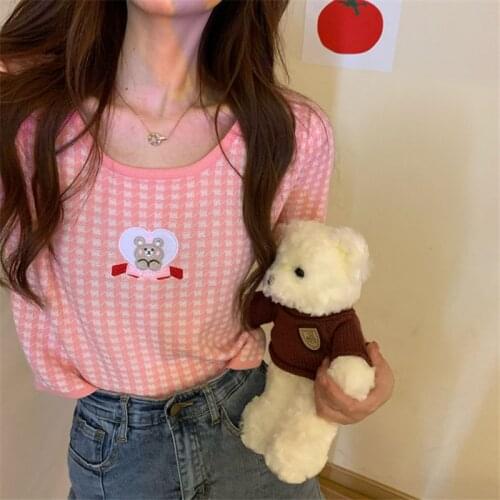 Summer Japanese Sweet Lolita Style T-Shirts Kawaii Plaid Bear Embroidery O-Neck Short Sleeve Tees Girly Cute Thin Knit Shirts