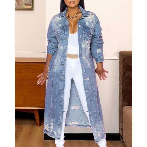 2021 New Fashion Women Apparels Turn Down Collar Ripped Buttoned Long Sleeve Pocket Design Denim Coat Casual Autumn Tunics Tops