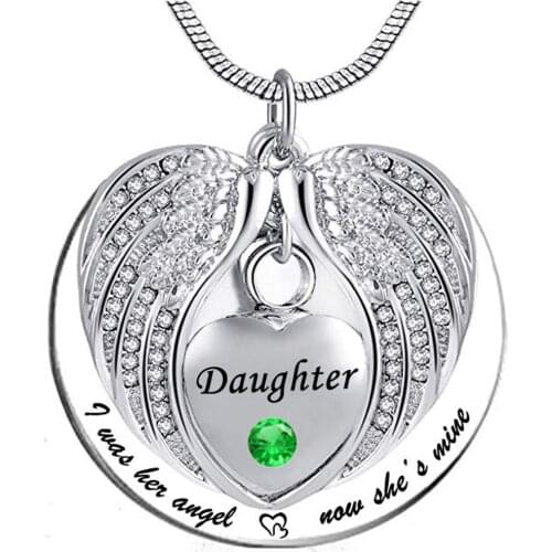 Angel Wing Memorial Keepsake Ashes Urn Pendant Birthstone crystal Necklace,I Was His/Her Angel Now Hes/Shes Mine -for Daughter