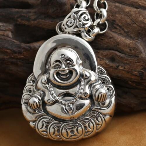Handmade 925 silver Laughing Buddha amulet vintage sterling silver happy buddha pendant tibetan jewelry necklace pendant gift