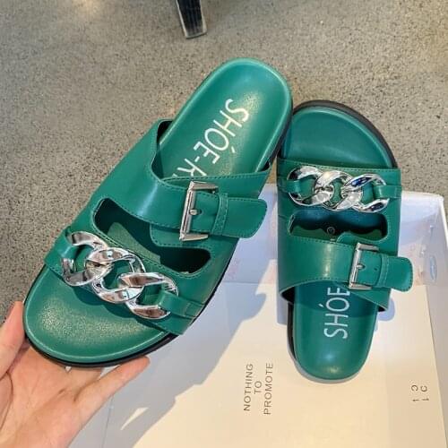 Flat loafers slippers Summer shoes women Thick Sole Slides Green sandals leisure vacation metal chain platform modern shoes Tie