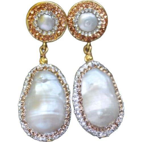 MTC·STAR Z10496 28mm White Baroque Drop Keshi Pearl Golden CZ Dangle Earring