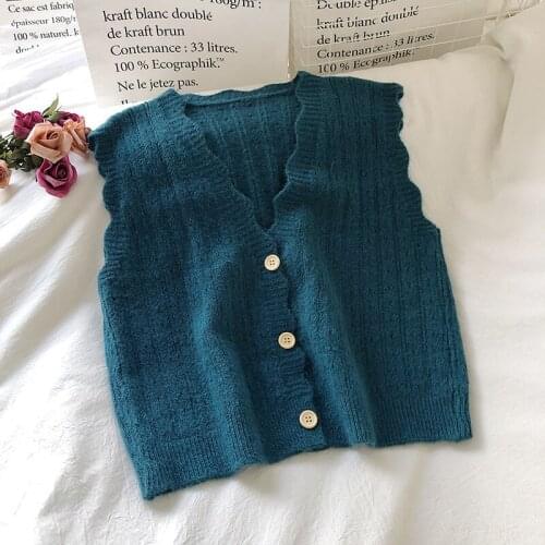 Urifens 2021 Spring Korean Style Wave Edge V-neck Sleeveless Knitted Sweater Vest Hollow Out Short Waistcoat For Women BN22U