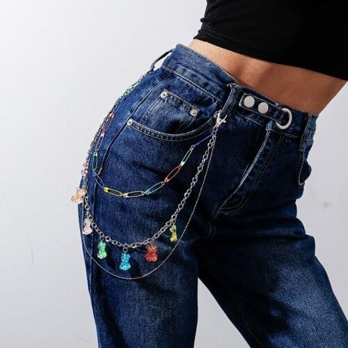 Hip hop Three Layer Chain Trousers Keychain Fashion Punk Colorful Safety Pin Small Bear Pendant Pants Chain Jewelry For Women