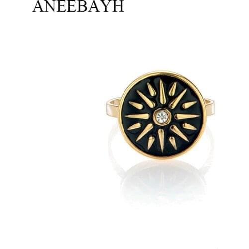 Vintage Black Enamel Round Star Open Rings Stainless Steel 18 K Metal Womens Ring Adjustable Jewelry Anillos Mujer Party Gift