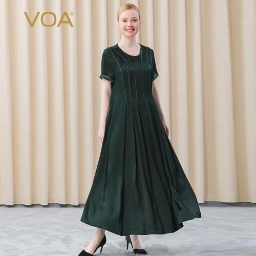 VOA Silk Dark Green Heavy Double-sided Satin Multi-piece Three-dimensional AE719 Round Neck Short Sleeve Woman Dress 2021