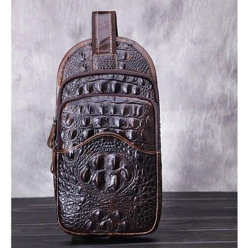 YIANG New Vintage Men Genuine Leather Crocodile Grain Travel Shoulder Cross Body Messenger Sling Pack Chest Bag