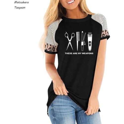 New Funny T Shirt Women Leopard O-Neck Cotton Woman T-shirt Summer Barber Clothing Tops Girl Tee Vintage Stripe Plus Size Shirts