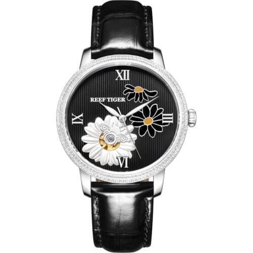 Reef Tiger RGA1585 Lady Luxury Genuine Leather Hollow Out Dial Women Automatic Meachanical Wrist Watch - Silver