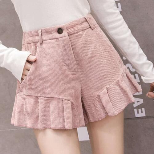 High Waist Corduroy Shorts Women Autumn Winter Fashion Casual Pleated Wide Leg Ladies Shorts Pink Mini Sexy Womens Shorts C7624