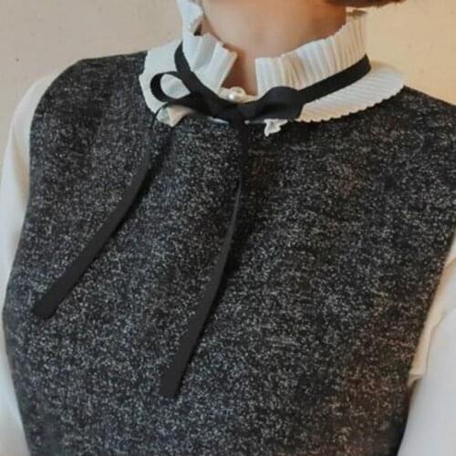 Korean Ladies Pleated Ruffles Fake Stand Collar Lace-up Ribbon Bowtie Elegant Detachable Cotton Dress Sweater Half-Shirt