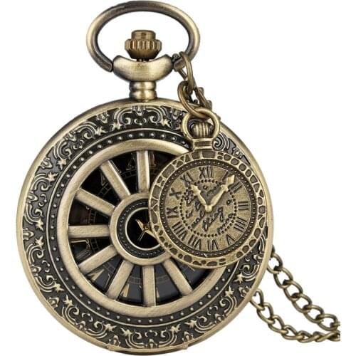 Bronze Hollow Wheel Gear Case Quartz Pocket Watch Retro Roman Numeral Dial Men Women Necklace Pendant Chain Clock with Accessory