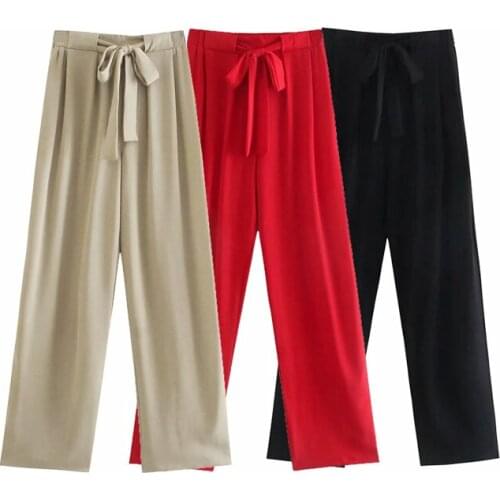 Za flowing wide-leg trousers 2021 Autumn Fashion loose-fitting high-waist elastic waistband trousers For Women Casual tie pants