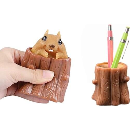 Squirrel Cup Childrens Toy Miniature Telescopic Pen Holder Squeeze Rubber Evil Decompression Tree Stump Oak Cute