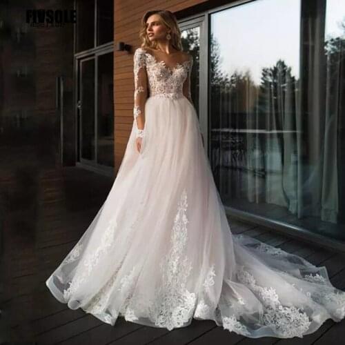 Elegant V-Neck Appliques Tulle Wedding Dresses Vestido De Noiva 2021 Open Back Long Sleeves A Line Court Train Bridal Dresses