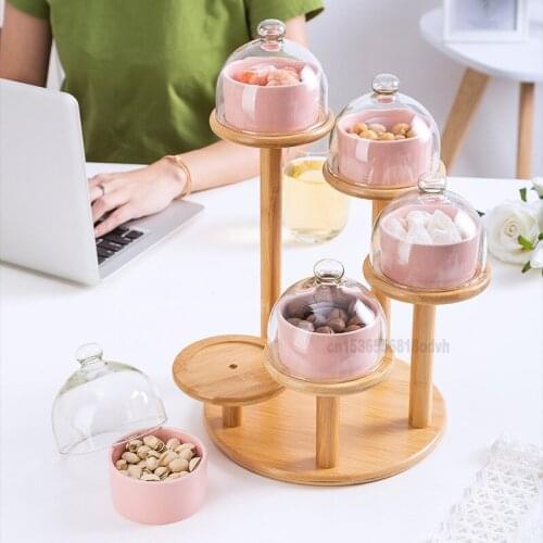 Ceramic with Cover Cake Bowl Hotel Ice Cream Pudding Dessert Platter Bamboo Wood Tray Wedding Dried Fruit Snack Display Stand