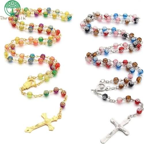 Colorful Acrylic Rose Flower Beads Religious Cross Necklace Catholic Rosary Necklace Jesus Crucifix Stars Mary Centerpiece