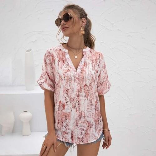 Summer Casual Chiffon Shirts Women Sexy V-neck Short Sleeve Tie-dye Tops And Blouses Loose Plus Size Streetwear Ladies Blouse