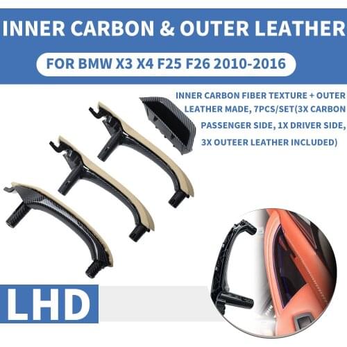 LHD Left Hand Carbon Fiber Beige Car Interior Inner Door Pull Handle Trim Cover W/ Outer Leather Full set For BMW X3 X4 F25 F26
