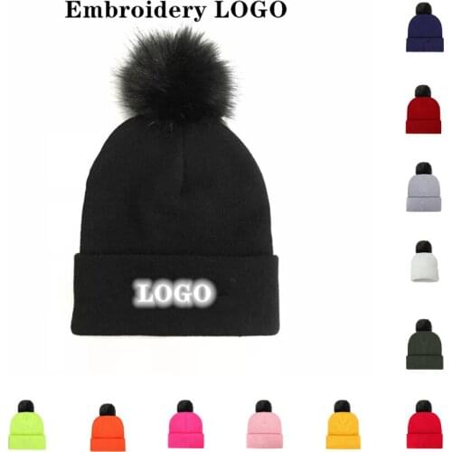 Fur ball Beanie Winter hats for woman custom logo cap DIY wool blended soft wool hat cute warm ladies casual hKnitted hat 2020
