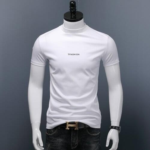2021 Summer Men Short Sleeve T-Shirt Little Turtleneck Double Mercerized Cotton Slim Fit Fashion Letter Print Tshirt