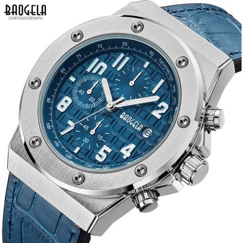 BAOGELA Mens New Quartz Watches 2019 Waterproof Chronograph Casual Luminous Wrist Watch Man Leather Strap Relogios 1805 Blue